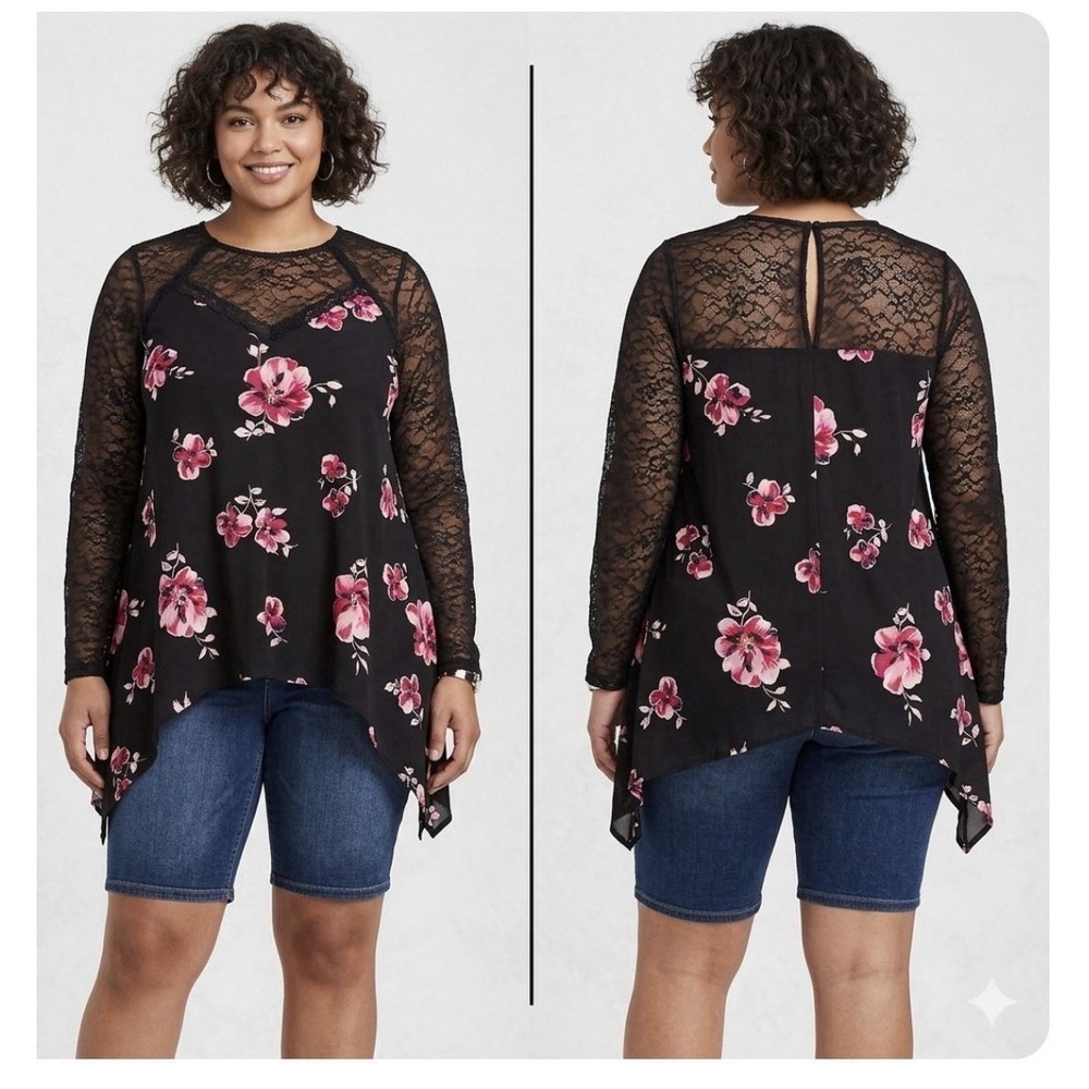 Torrid‎ Top Womens Size L Black Floral Georgette Lace Sweetheart Neckline Tunic